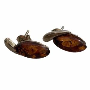 Vintage Sterling Silver Amber Post Stud Drop Oval Earrings 925
